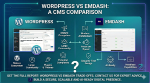 A blog comparison graphic titled "WordPress vs. EmDash: A CMS Comparison" featuring a side-by-side breakdown of the two platforms. On the left, a WordPress dashboard is shown with highlights for its mature ecosystem, large community, and extensive plugins. On the right, an EmDash dashboard is displayed, emphasizing its modern architecture, focus on speed, security-first design, and AI-ready headless capabilities. A central question mark asks, "Which CMS is right for your project?" and a footer banner provides a call to action to contact Zilo Digital for a full trade-off report and expert advice on building a secure, scalable, and AI-ready digital presence.